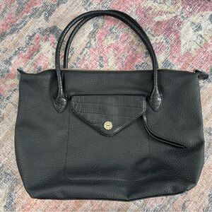 Nicole Miller New York Black Tote with Croc-Accent Flap and Snake Print Lining